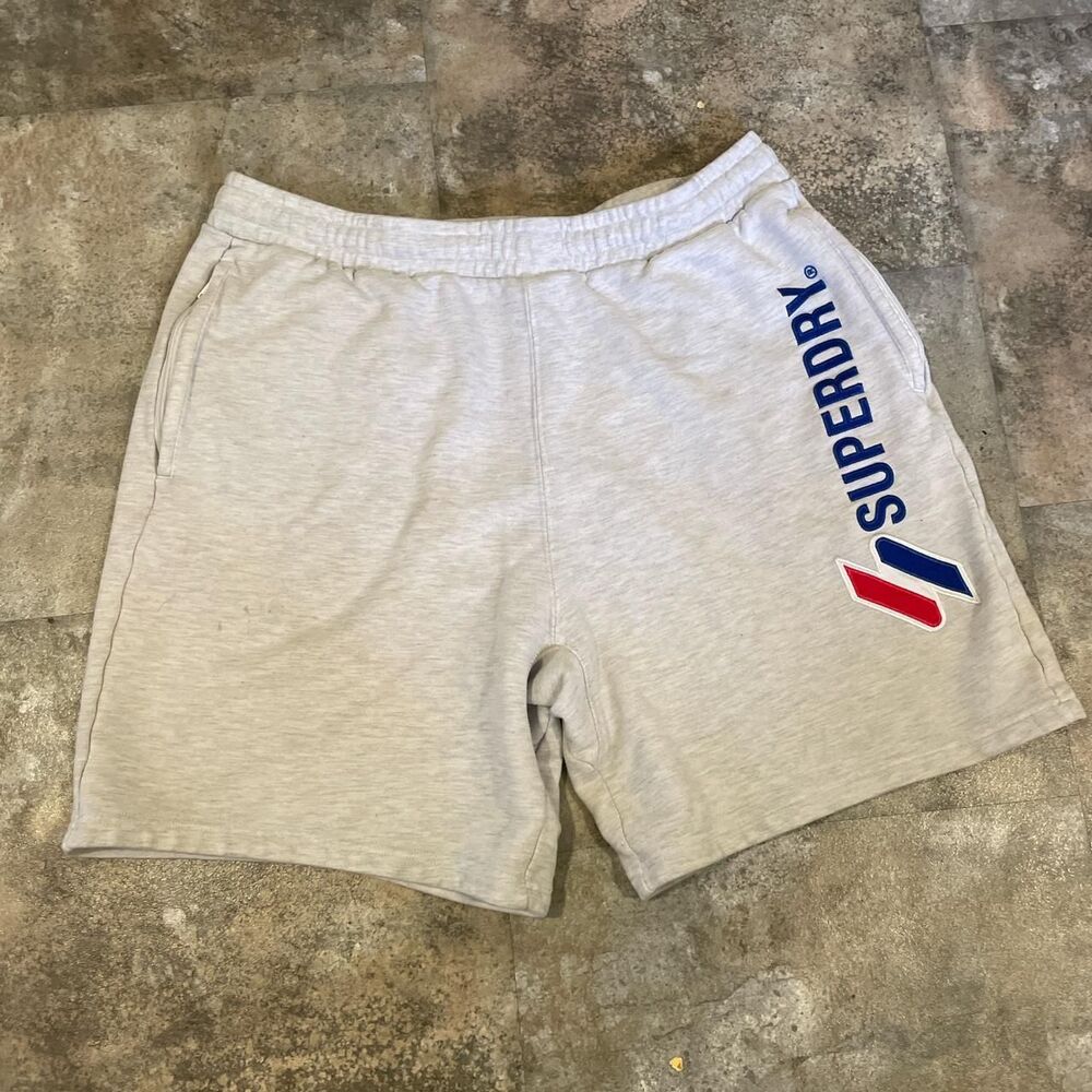 superdry extra large men’s gray logo sweat shorts zipper pockets extra large